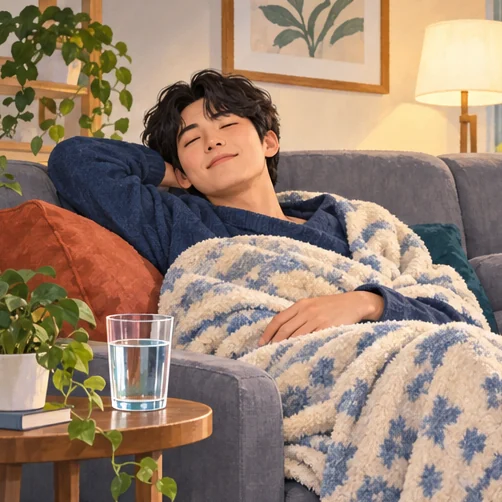 집에서 휴식을 취하며 회복하는 장면 (AI 설명용 삽화)