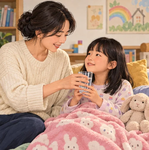 보호자가 쉬고 있는 어린이에게 물을 건네는 장면 (AI 설명용 삽화)