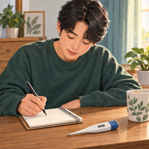 체온 확인과 증상 변화를 기록하는 장면 (AI 설명용 삽화)