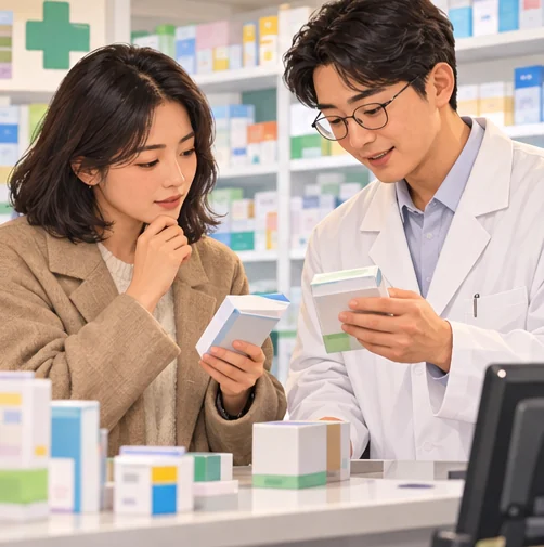 약사에게 의약품 성분 중복 여부를 문의하는 장면 (AI 설명용 삽화)