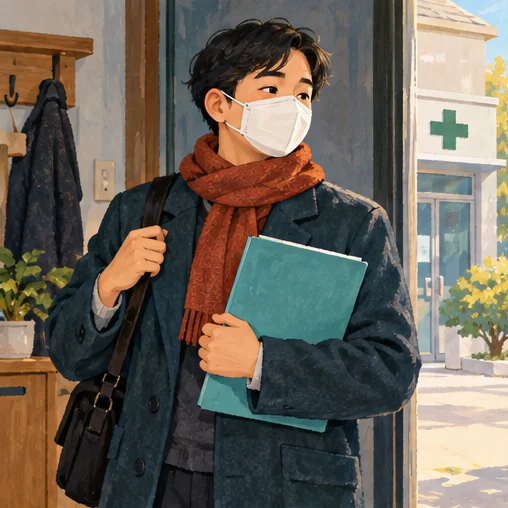 마스크와 기록을 챙겨 필요한 진료를 준비하는 장면 (AI 설명용 삽화)