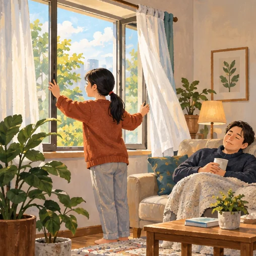 가족이 환자를 돌보는 공간을 환기하는 장면 (AI 설명용 삽화)
