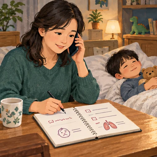 보호자가 아이의 상태 변화를 의료기관에 문의하는 장면 (AI 설명용 삽화)