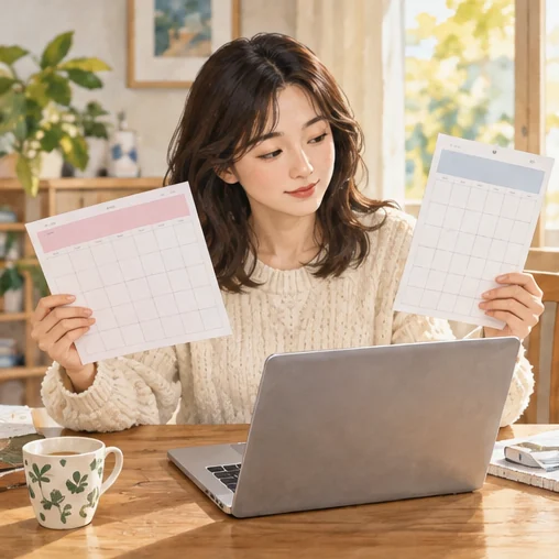 집에서 안내 자료와 달력을 비교하는 모습 (AI 설명용 삽화)