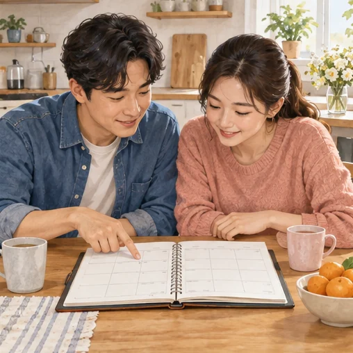 가족이 방문 가능한 날짜를 함께 고르는 모습 (AI 설명용 삽화)
