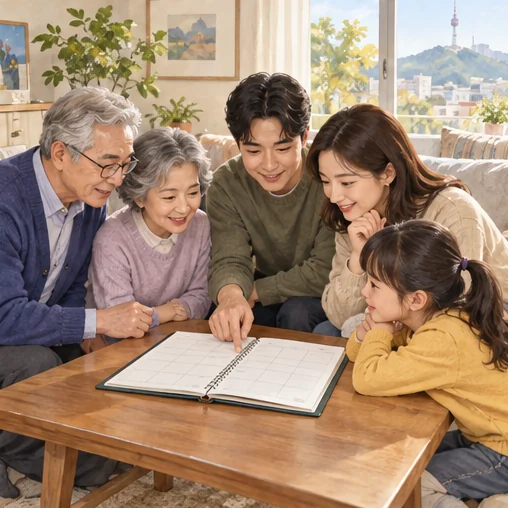 세대별 일정을 나누어 계획하는 가족 (AI 설명용 삽화)