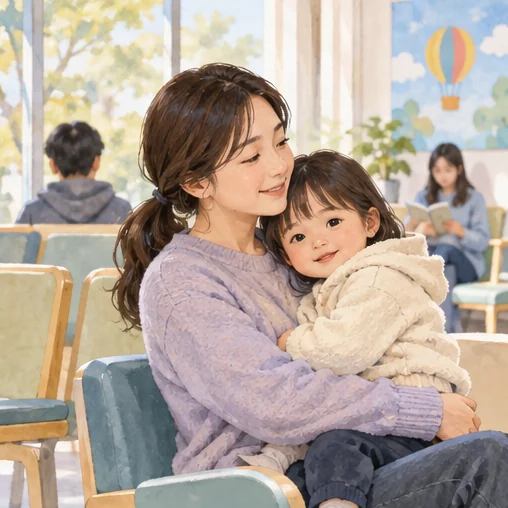 아이와 보호자가 의료기관에서 기다리는 모습 (AI 설명용 삽화)