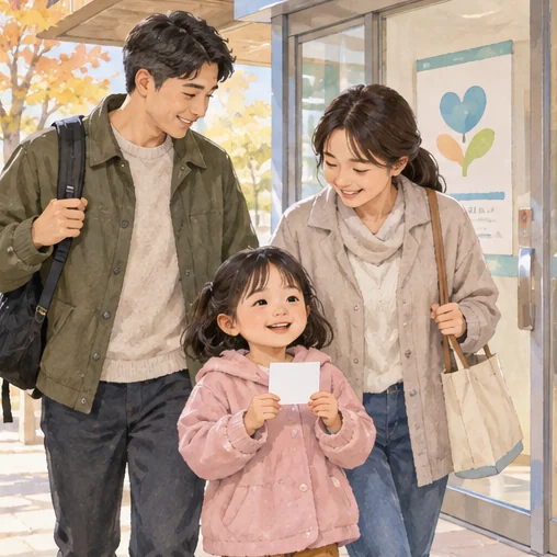 확인한 일정 카드를 가지고 귀가하는 가족 (AI 설명용 삽화)