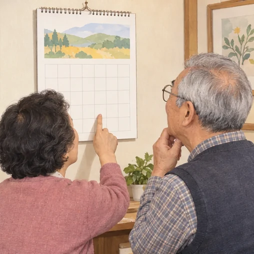 부부가 각자의 시작일을 확인하는 모습 (AI 설명용 삽화)