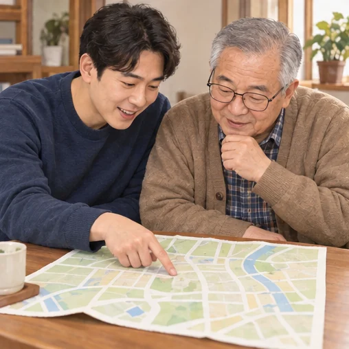 부모님과 이동 경로를 의논하는 모습 (AI 설명용 삽화)