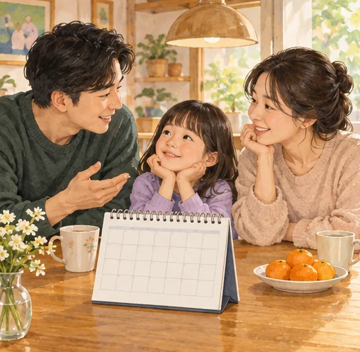 가족 행사 전 준비 시간을 의논하는 모습 (AI 설명용 삽화)
