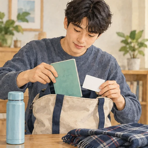 기록과 확인 자료를 가방에 챙기는 모습 (AI 설명용 삽화)