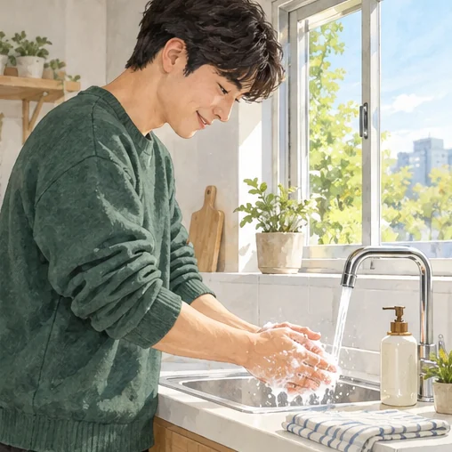 귀가 후 손씻기를 실천하는 모습 (AI 설명용 삽화)