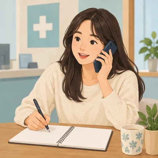 방문 전 의료기관에 현재 접종료를 문의하는 장면 (AI 설명용 삽화)