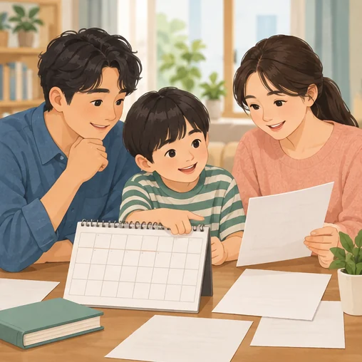 가족의 접종 일정과 확인할 서류를 정리하는 장면 (AI 설명용 삽화)