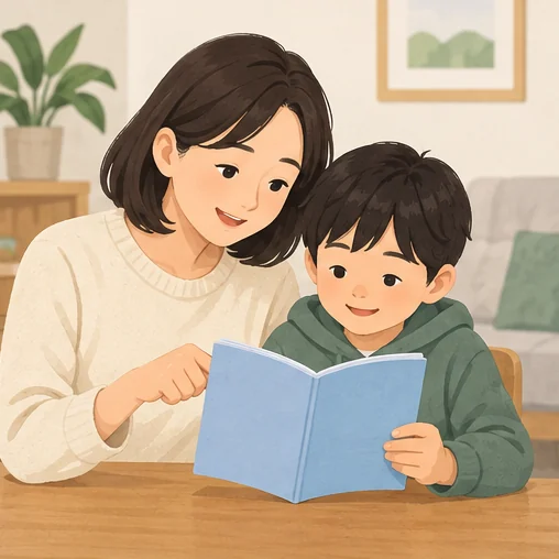 어린이의 과거 접종 기록을 보호자와 살펴보는 장면 (AI 설명용 삽화)
