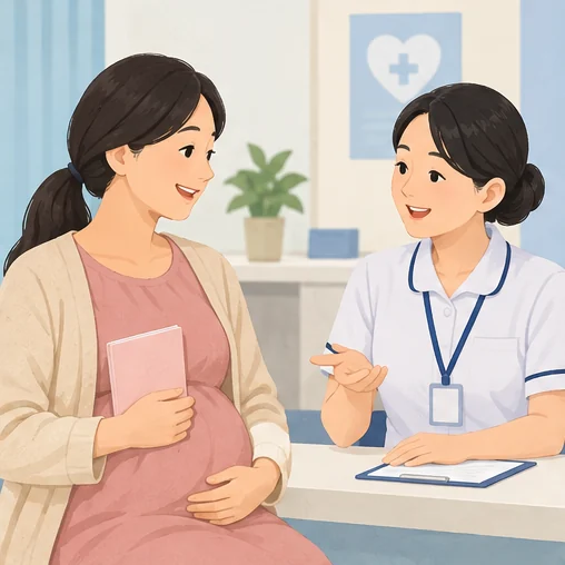 임신 확인자료를 준비해 상담하는 장면 (AI 설명용 삽화)