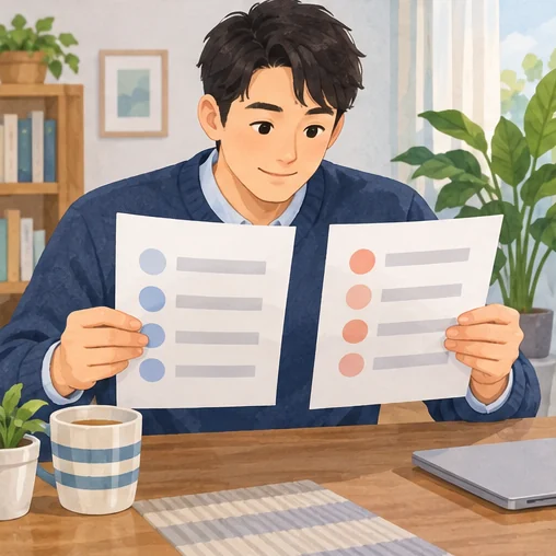 서로 다른 게시 가격의 기준을 비교하는 장면 (AI 설명용 삽화)