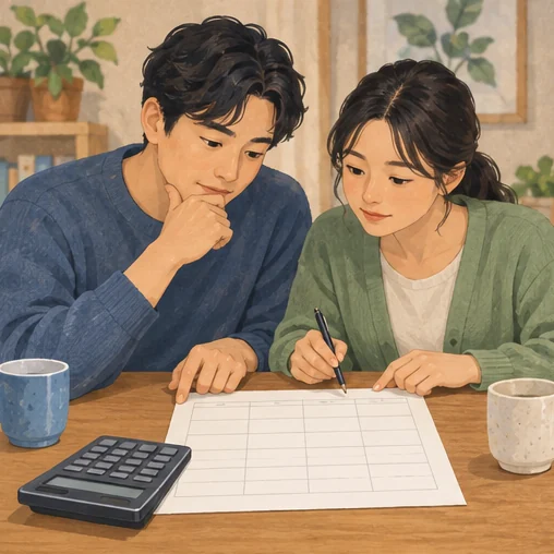 가족의 접종료를 각자 나누어 예산을 세우는 장면 (AI 설명용 삽화)