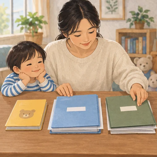 가족 구성원별 기록과 서류를 나누어 정리하는 장면 (AI 설명용 삽화)