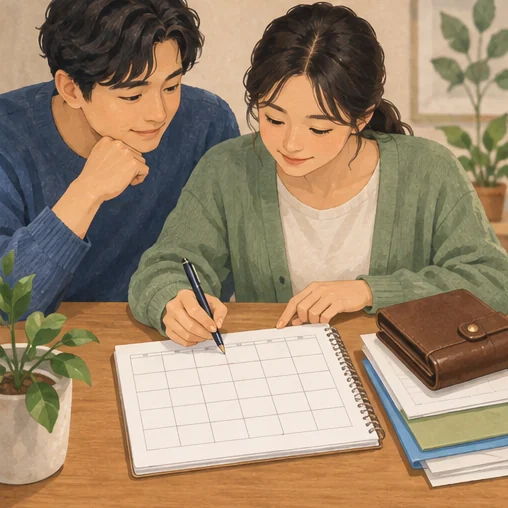 비용과 방문 일정을 함께 기록하는 장면 (AI 설명용 삽화)