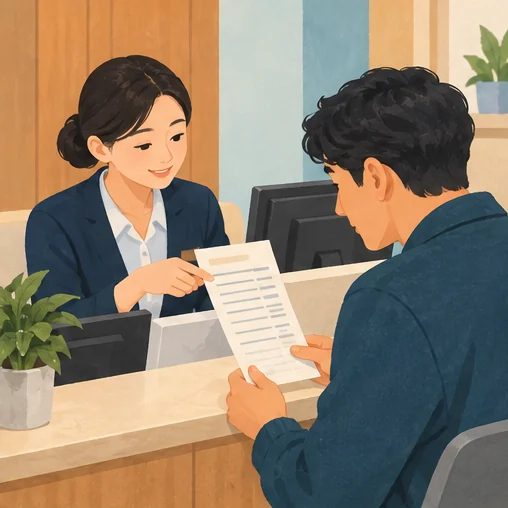 결제 전에 항목별 비용 설명을 듣는 장면 (AI 설명용 삽화)