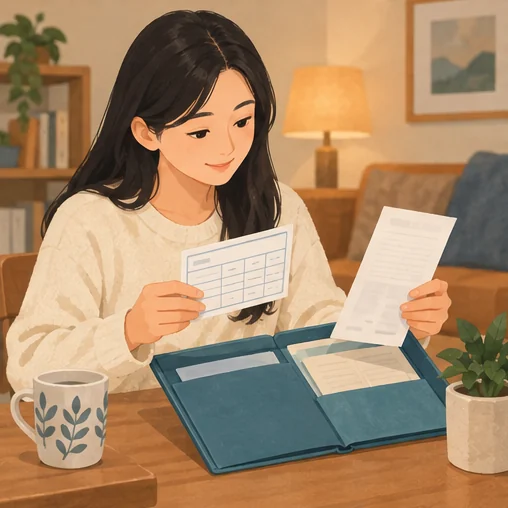 접종 기록과 영수증을 함께 보관하는 장면 (AI 설명용 삽화)