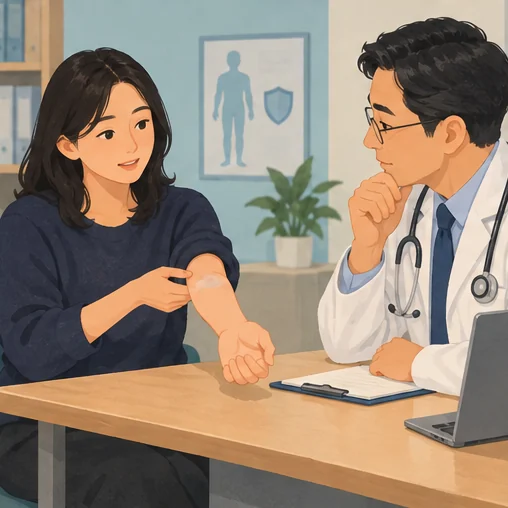 이전 접종 후 반응에 대해 의사와 상담하는 장면 (AI 설명용 삽화)