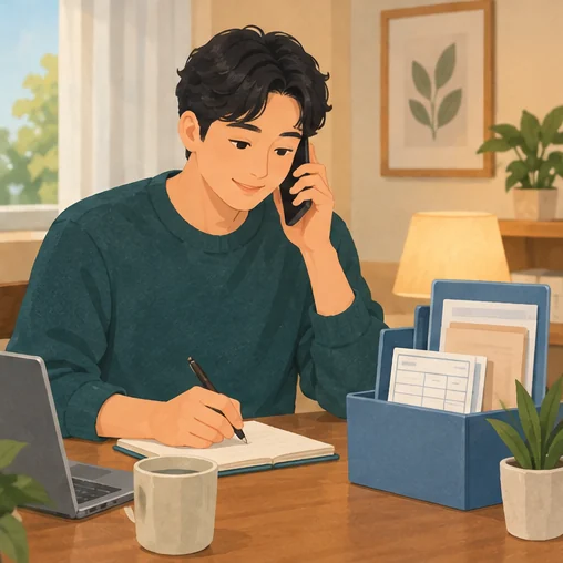보관한 자료를 보며 의료기관에 추가 문의하는 장면 (AI 설명용 삽화)