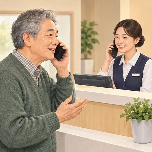 방문 전 기관에 전화로 접종 가능 여부를 문의하는 장면입니다. (AI 설명용 삽화)