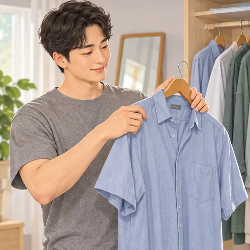 팔을 편하게 드러낼 수 있는 옷을 준비하는 생활 예시입니다. (AI 설명용 삽화)