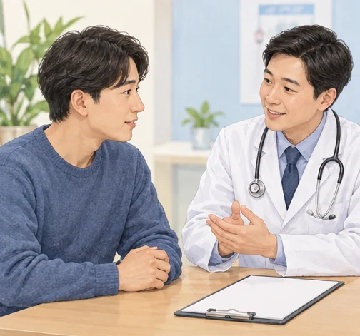 예진에서 현재 건강 상태를 의료진에게 설명합니다. (AI 설명용 삽화)