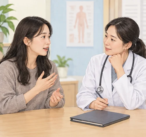과거 알레르기 반응은 숨기지 말고 상담 때 알립니다. (AI 설명용 삽화)