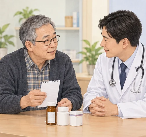 현재 복용 약과 치료 내용을 정리해 상담합니다. (AI 설명용 삽화)