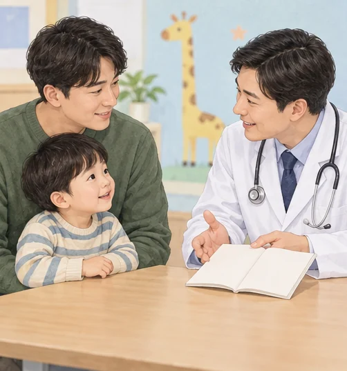 부모와 아이가 과거 접종 기록을 확인하는 장면입니다. (AI 설명용 삽화)