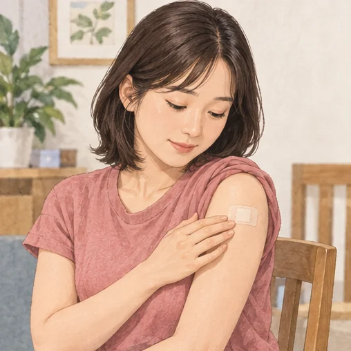 접종 부위의 통증이나 부기 등 변화를 살펴봅니다. (AI 설명용 삽화)