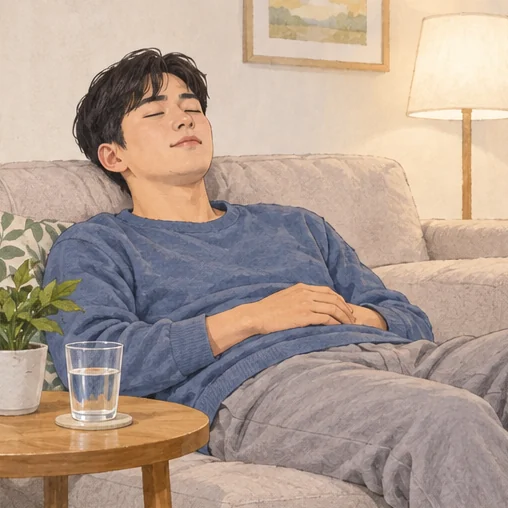 귀가 후 충분히 쉬면서 몸 상태를 확인하세요. (AI 설명용 삽화)