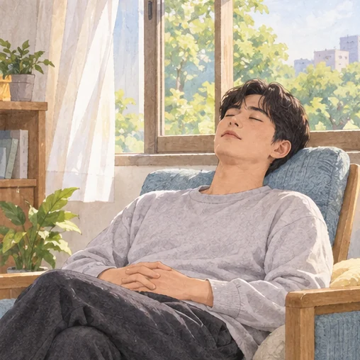 접종 후 무리하지 않고 휴식하는 생활 예시입니다. (AI 설명용 삽화)