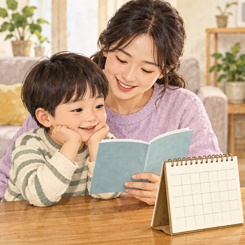 아이에게 추가 접종이 필요한지와 다음 날짜를 확인합니다. (AI 설명용 삽화)