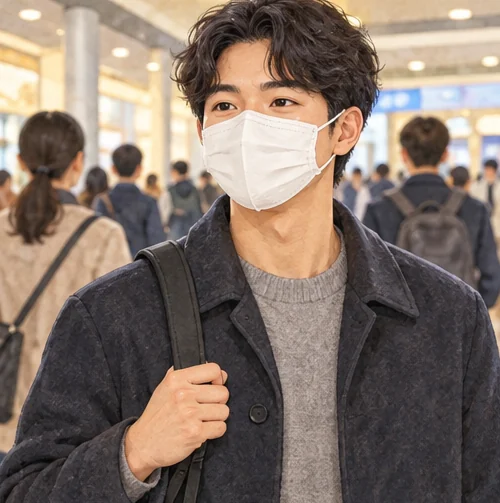 붐비는 실내에서는 상황에 맞게 마스크를 고려하세요. (AI 설명용 삽화)