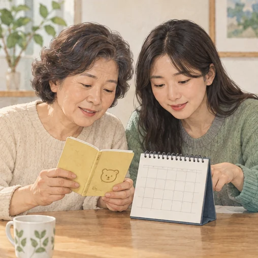 과거 접종 수첩과 방문 일정을 함께 살펴보는 가족 (AI 설명용 삽화)
