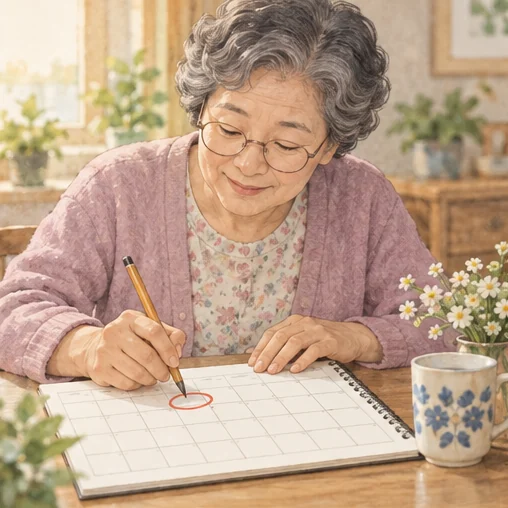 달력에 접종 방문 날짜를 표시하는 어르신 (AI 설명용 삽화)