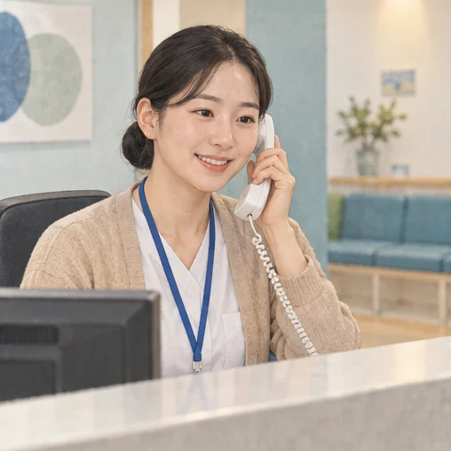 접종 문의 전화를 받는 의료기관 접수 담당자 (AI 설명용 삽화)