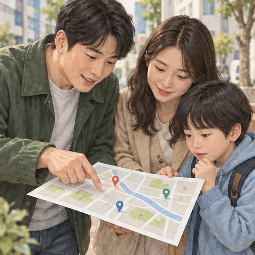 가족과 함께 주변 기관의 위치를 확인하는 모습 (AI 설명용 삽화)