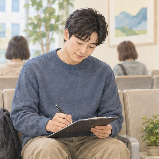 진료 전 예진표를 작성하는 모습 (AI 설명용 삽화)