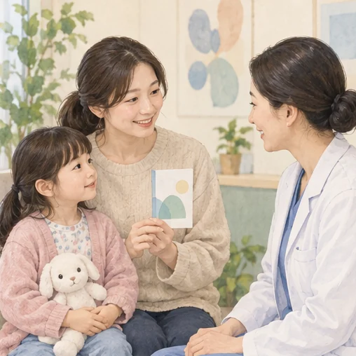 자녀의 과거 접종 자료를 의료진에게 보여주는 보호자 (AI 설명용 삽화)