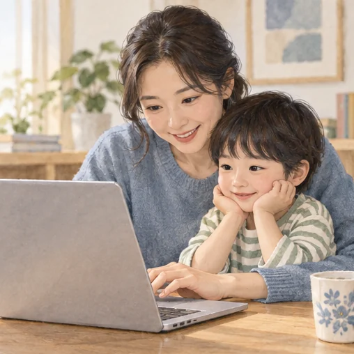 보호자와 아이가 가족 기록 조회를 준비하는 모습 (AI 설명용 삽화)