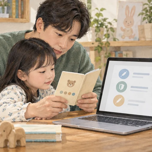 자녀 수첩과 전산 기록을 비교하는 가족 (AI 설명용 삽화)
