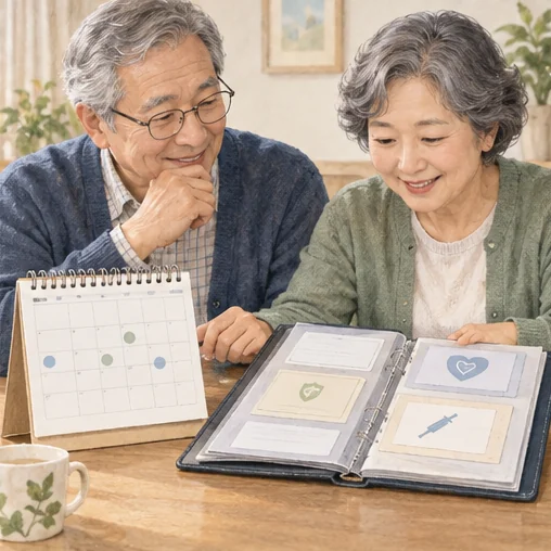 어르신 부부가 달력과 기록 자료를 정리하는 모습 (AI 설명용 삽화)