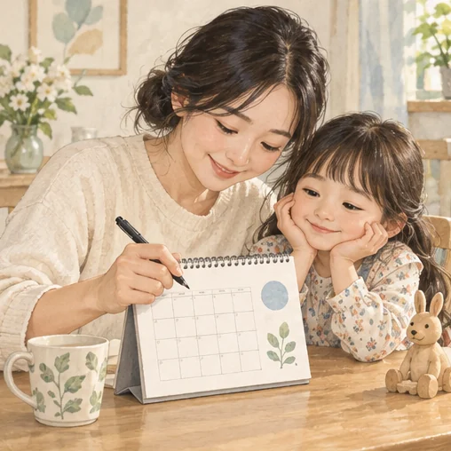 자녀의 다음 접종 날짜를 기록하는 보호자 (AI 설명용 삽화)